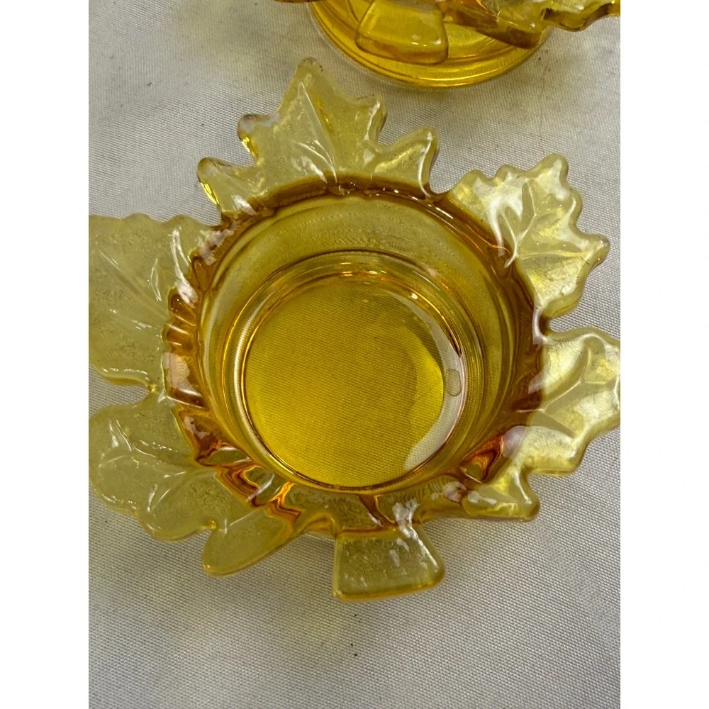 Amber Glass Maple Leaf Tea Light Candle Holders Set of 5 Yellow Fall Decor